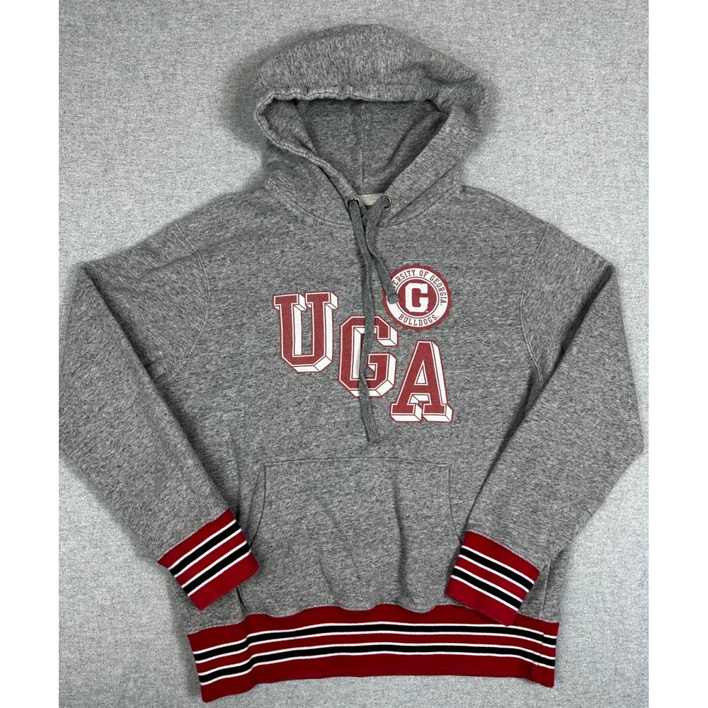 UGA University Georgia Bulldogs Hoodie Sweatshirt Mens L Block Gray Striped Trim